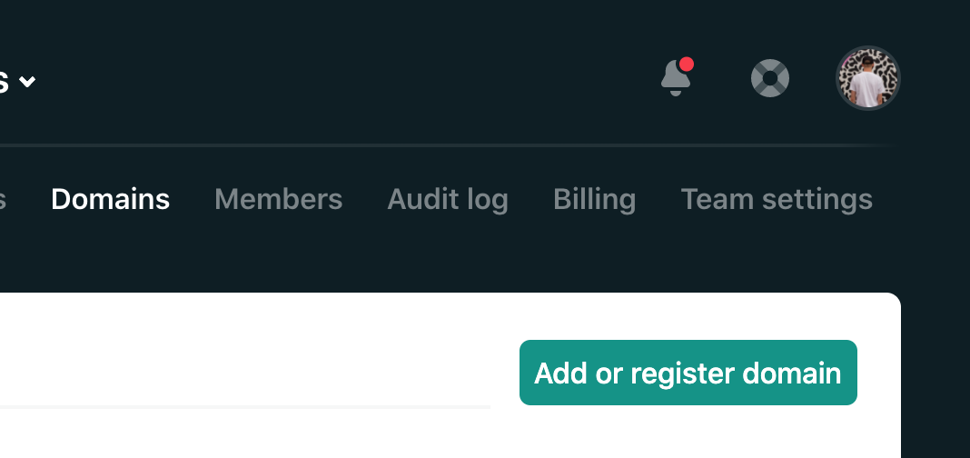 Domains view in Netlify, focusing on the "Add or register domain button"