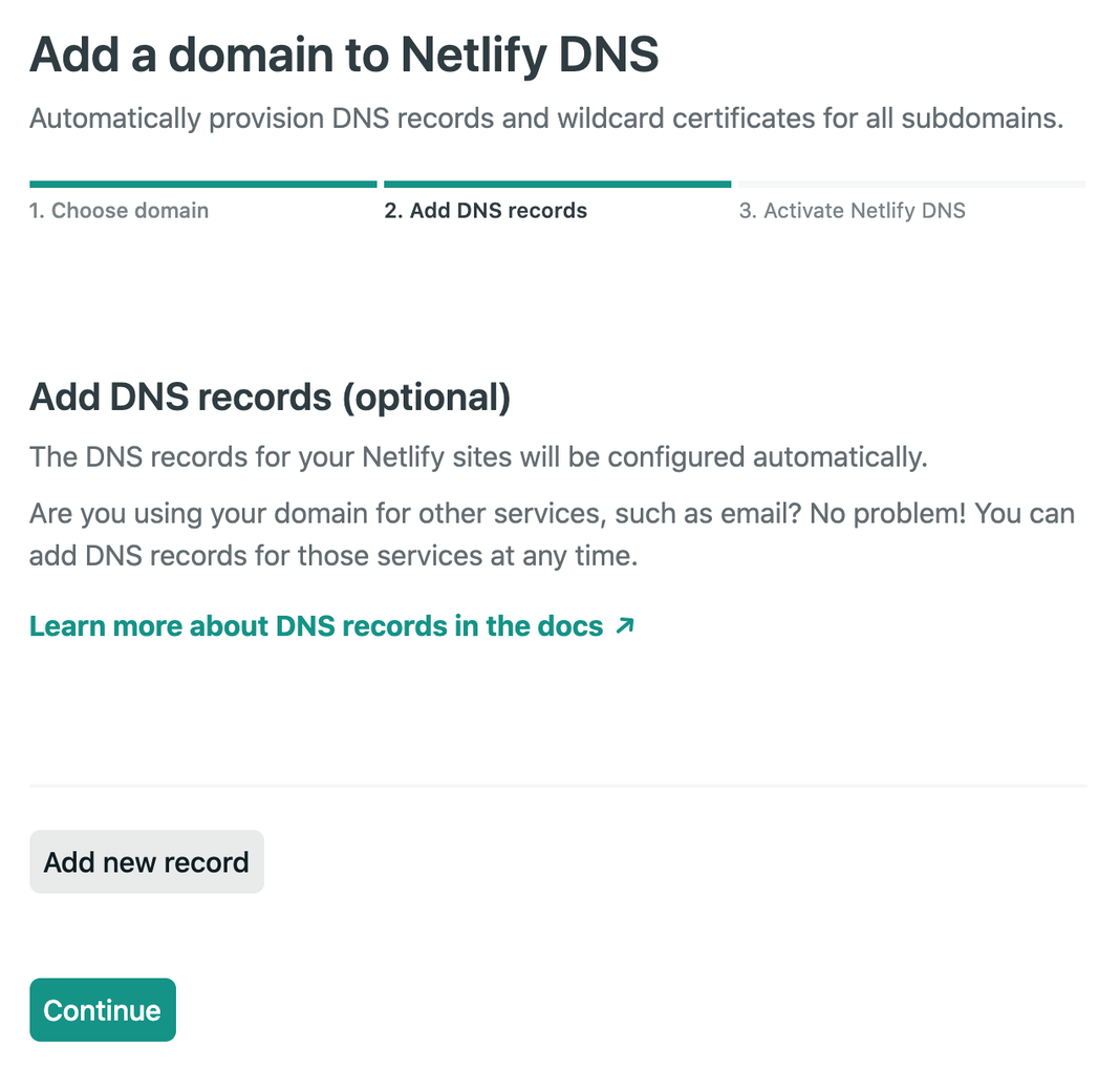 Add DNS records view, with "Add records" and "Continue" buttons