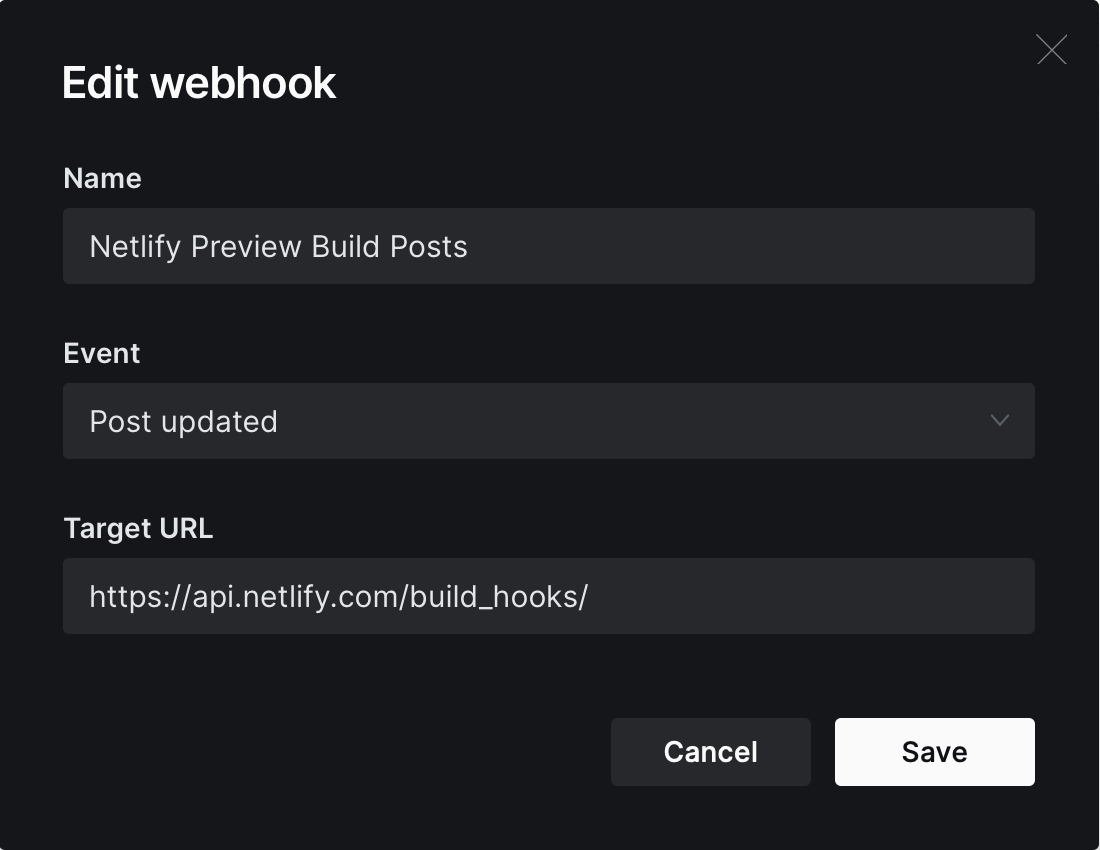 Ghost settings for a webhook, with the event set to "Post updated"